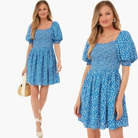 Hyacinth House NEW Blue Micro Floral Smocked Short Sleeve Mini Dress Size M - Picture 1 of 7